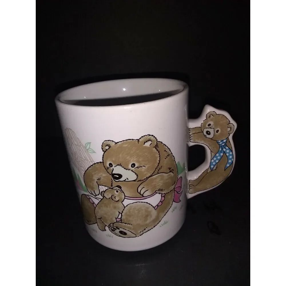 Momma & Baby Bear Coffee Mug Tea Cup Teddy Bear  White Vintage Bear Handle